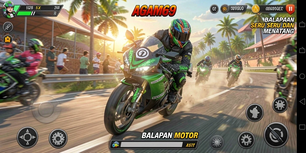 Tampilan gameplay AGAM69 yang mendebarkan saat balapan motor.