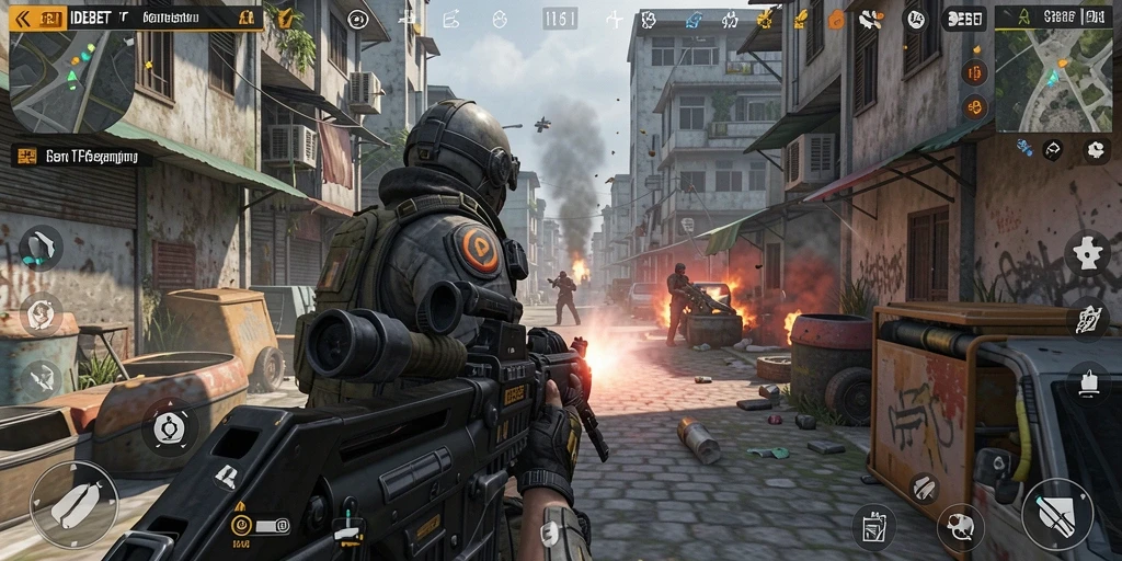 Tampilan gameplay menegangkan di IDEBET dengan aksi tembak-menembak.