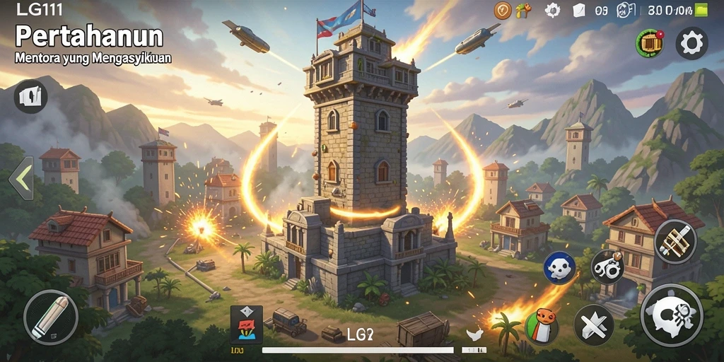 Screenshot utama gameplay Tower Defense dari LG111 dengan menara dan musuh.