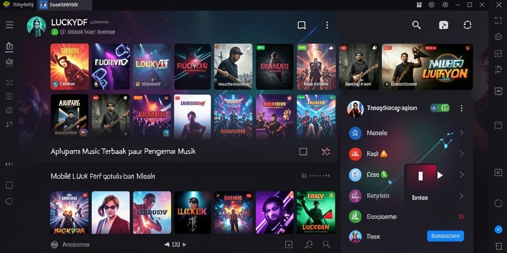 Tangkapan layar utama LUCKYDF yang menunjukkan antarmuka musik yang menarik.
