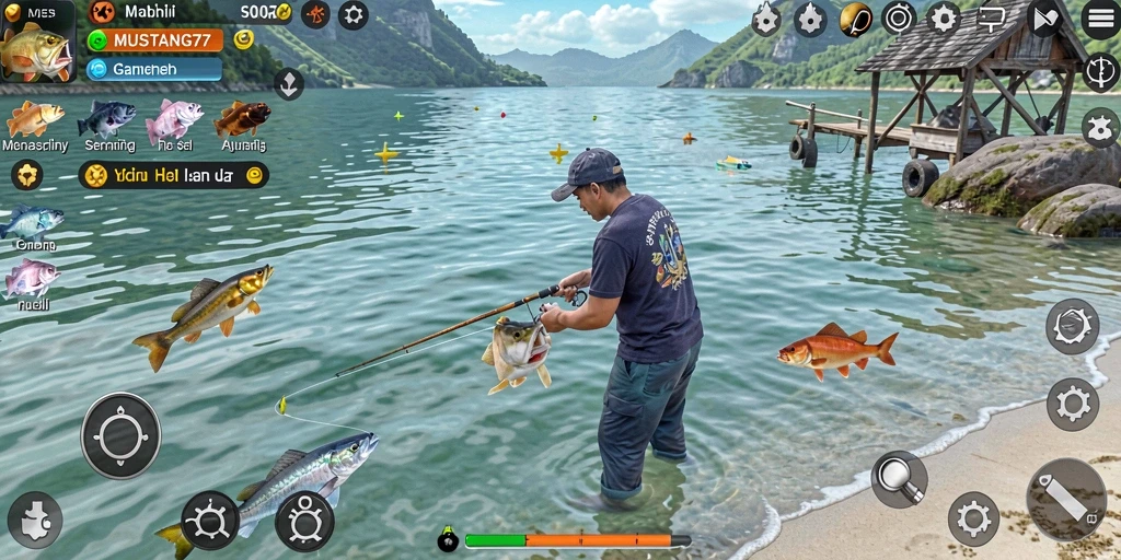 Tampilan gameplay seru saat memancing di MUSTANG77.