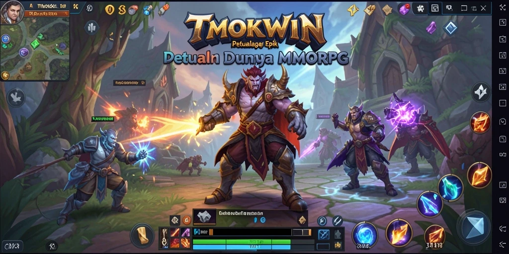 Screenshot gameplay TMOKWIN menampilkan pemandangan dunia luas dan karakter yang beraksi.
