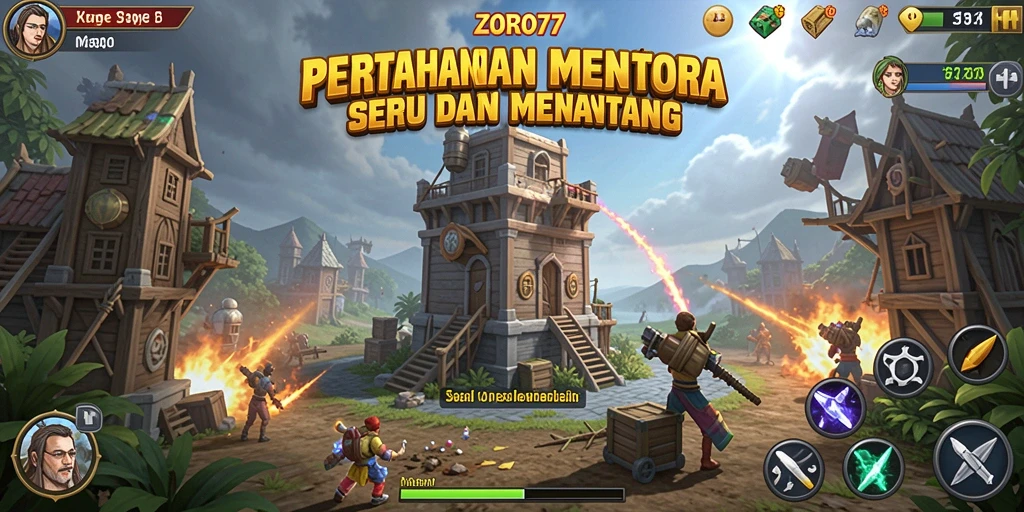 Tampilan gameplay ZORO77 yang menegangkan dengan menara bertahan.